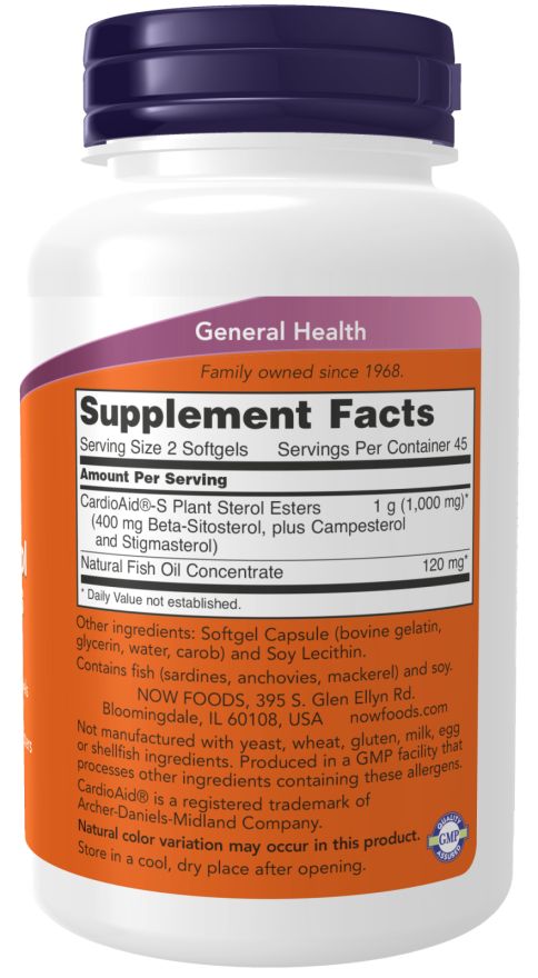 Dos du flacon. Étiquette avec informations nutritionnelles et ingrédients. Marque: NOW. Contient de l'huile de poisson.