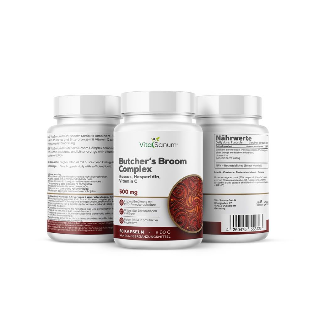 Trois pots de gélules VitaSanum Butcher's Broom Complex, 500 mg. Un pot devant, deux derrière.