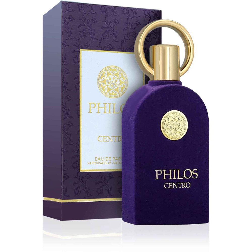 Flacon violet foncé avec bouchon et anneau dorés. Inscription: Philos Centro Eau de Parfum. Emballage avec logo.