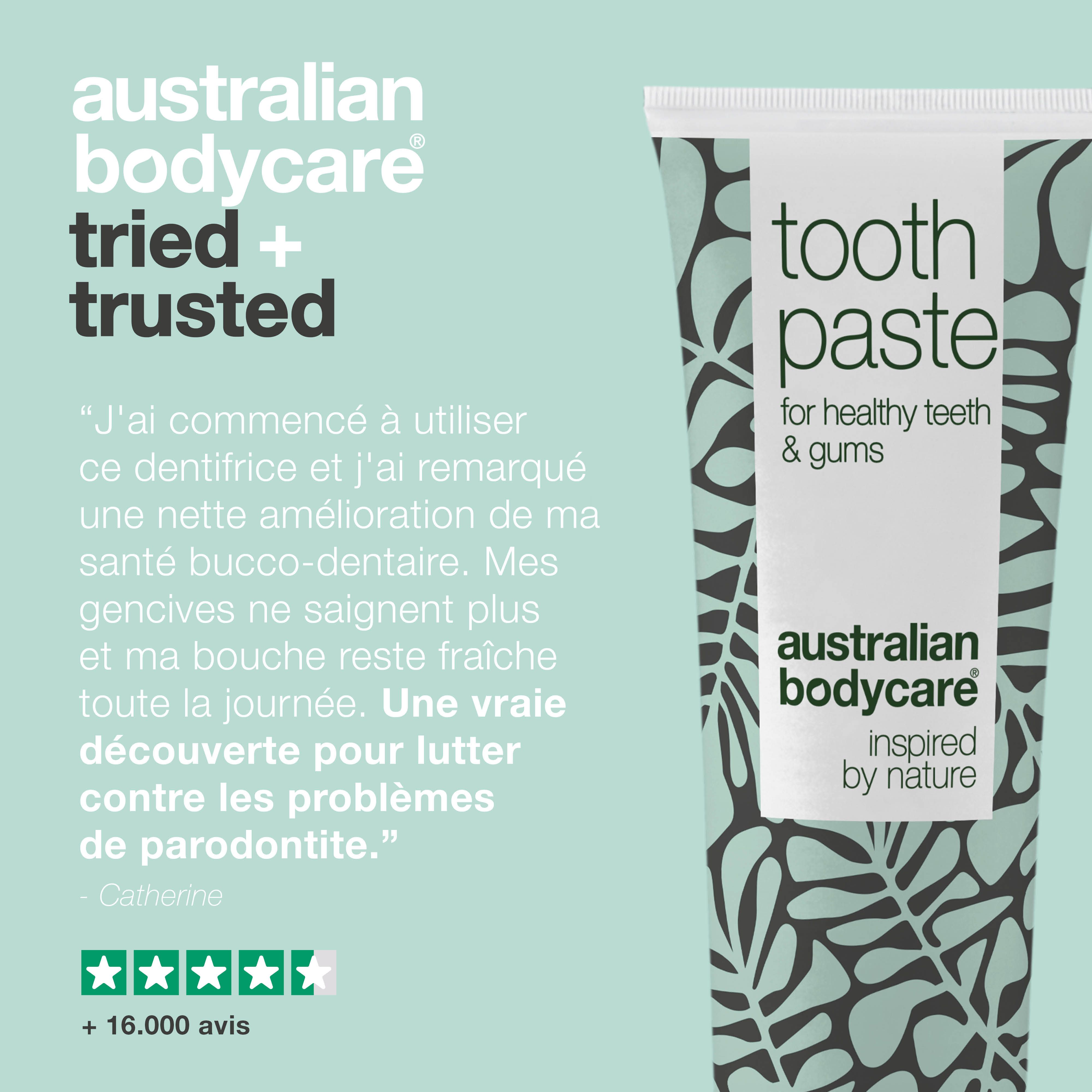 Tube de dentifrice avec motif floral. Texte : Toothpaste, pour des dents et des gencives saines, Australian Bodycare, Freshmint. Pâte bleue.