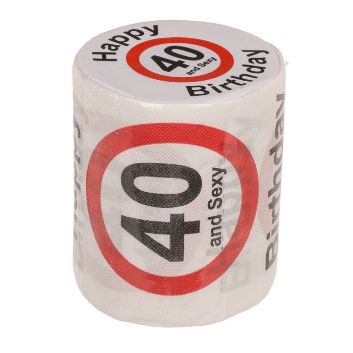 Rol toiletpapier met opdruk. Tekst: Happy Birthday, 40 and Sexy. Rode cirkel met leeftijdsindicatie.