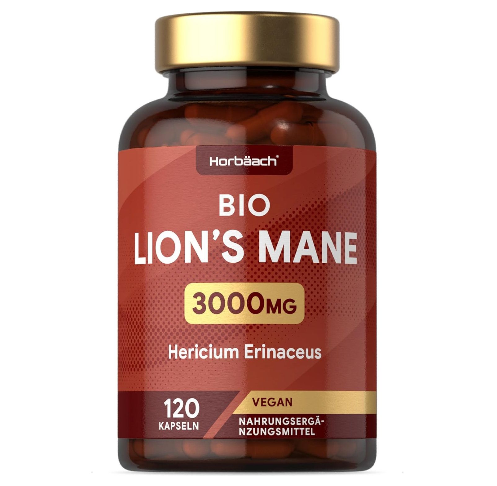 Bruine fles met capsules. Opschrift: BIO LION'S MANE 3000mg, 120 capsules, Vegan. Gouden dop.