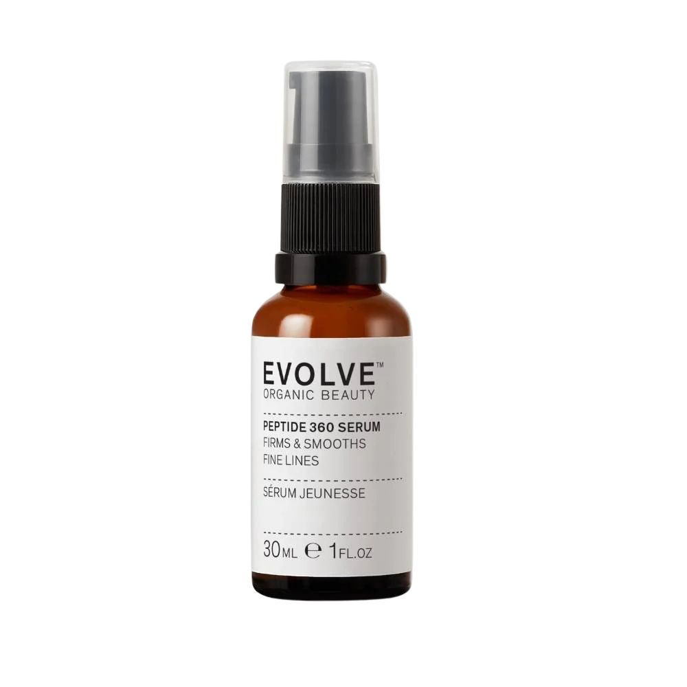 Bruine glazen fles met zwarte spraykop. Opschrift: Evolve Peptide 360 Serum. 30ml.