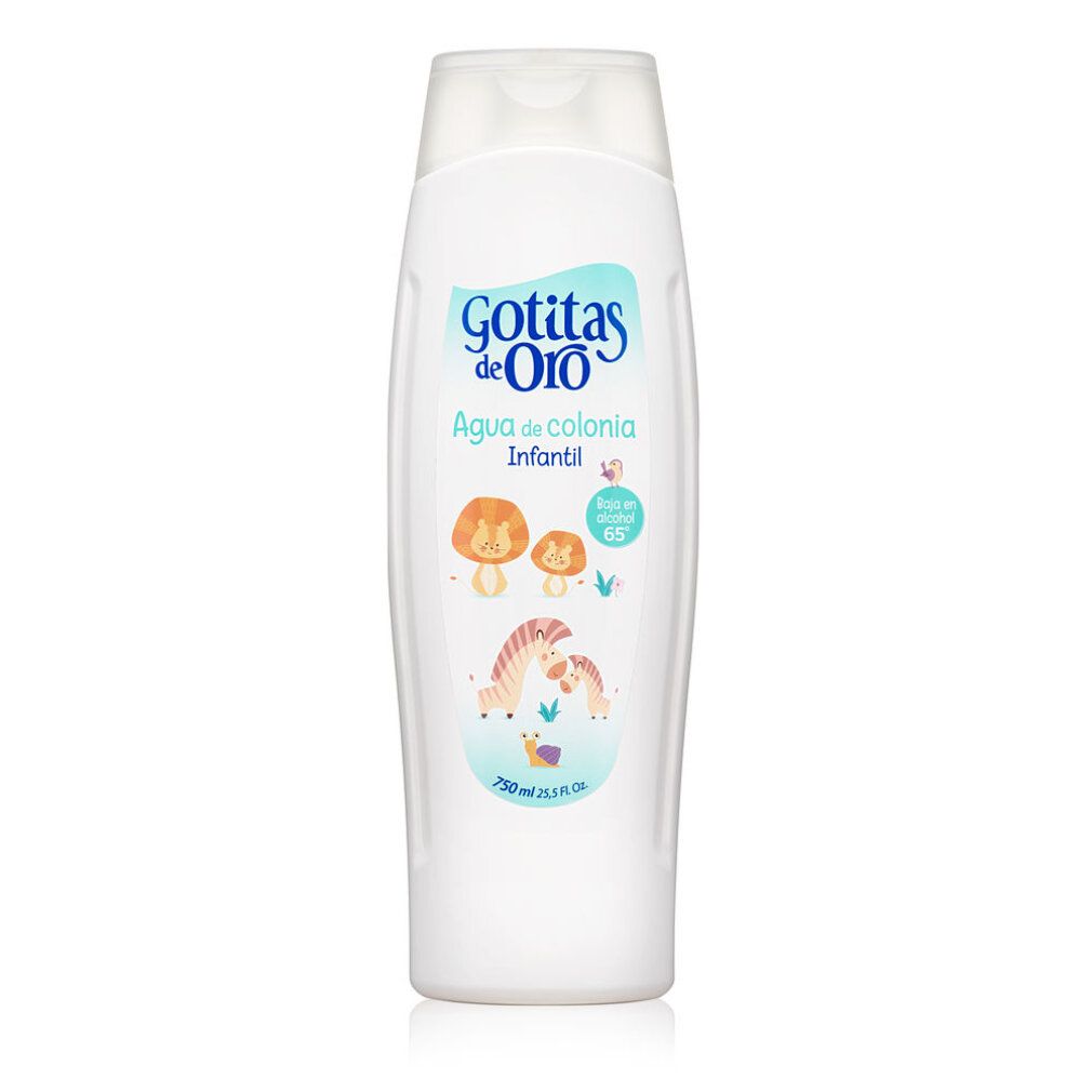 Bouteille blanche avec logo "Gotitas de Oro" et illustrations d'animaux. Agua de Colonia Infantil, 750 ml.