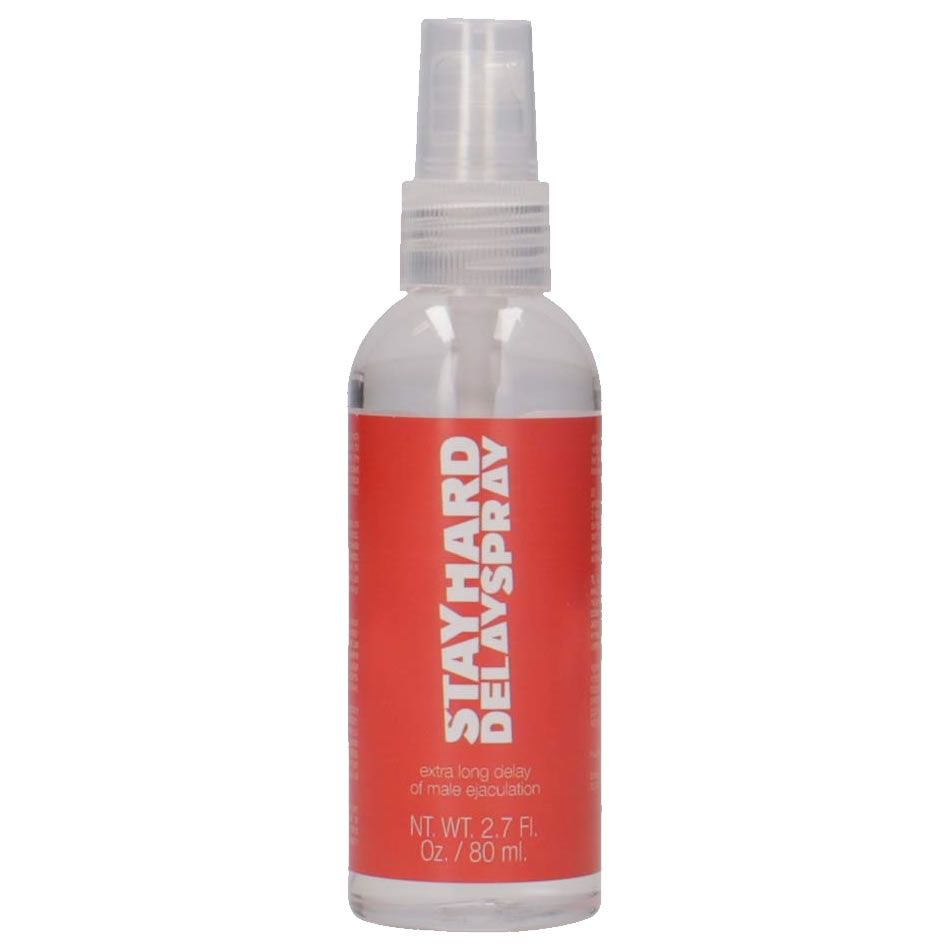 Flacon pulvérisateur transparent avec étiquette rouge. Inscription: STAYHARD DELAYSPRAY. Contient 80 ml.