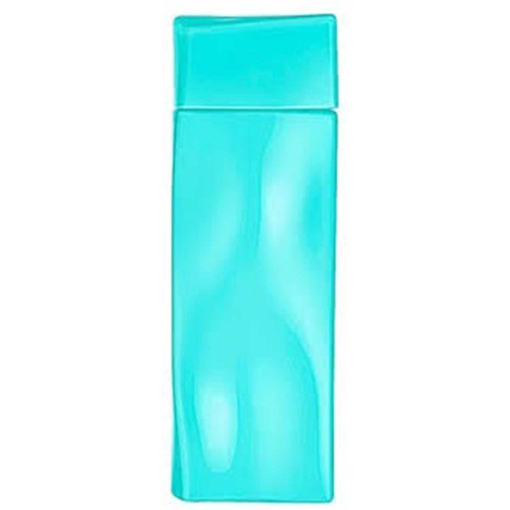 Flacon turquoise rectangulaire avec bouchon carré. Surface lisse. Logo AQUA KENZO.