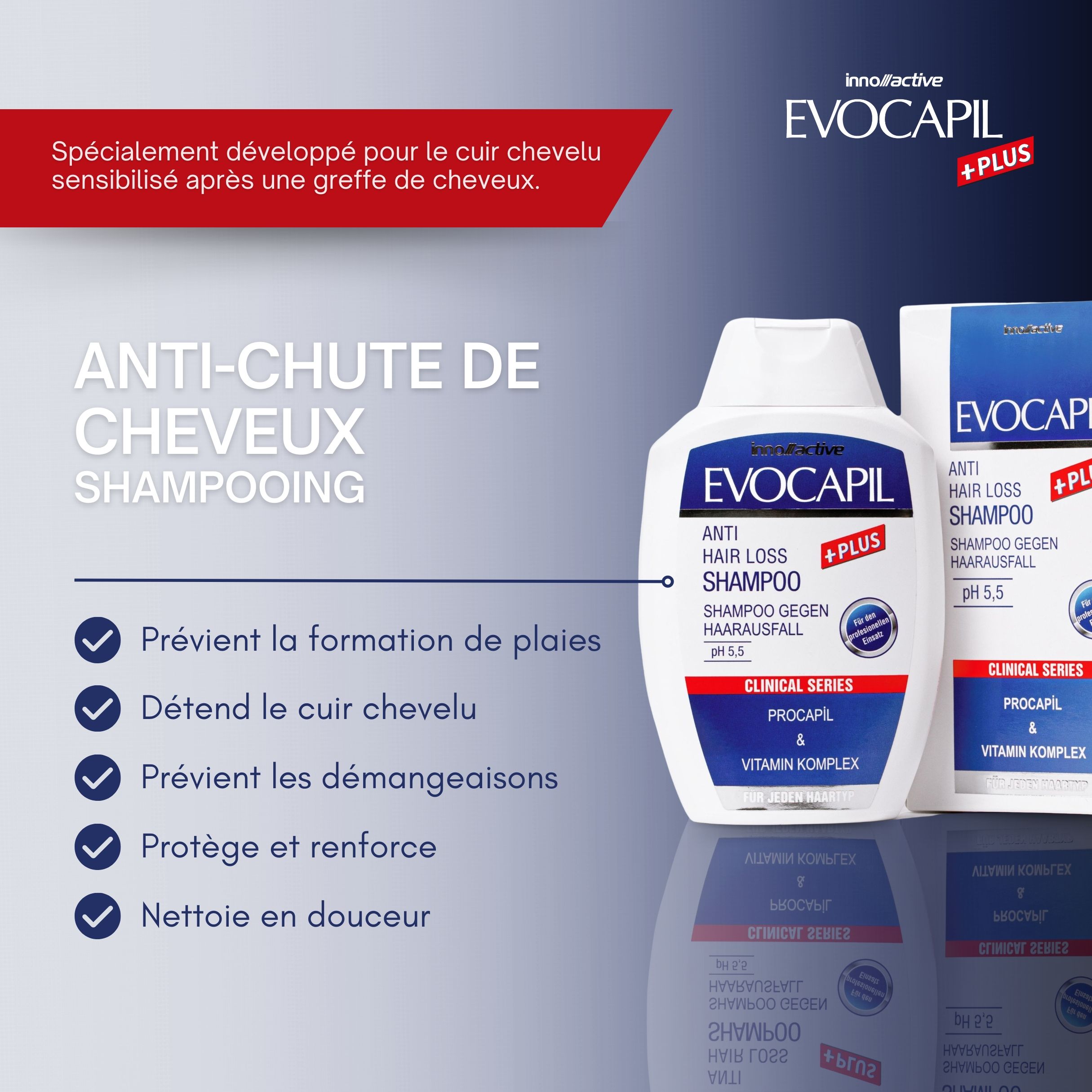 Texte avec puces. Shampooing anti-chute de cheveux. Prévient la formation de plaies, détend le cuir chevelu, prévient les démangeaisons.
