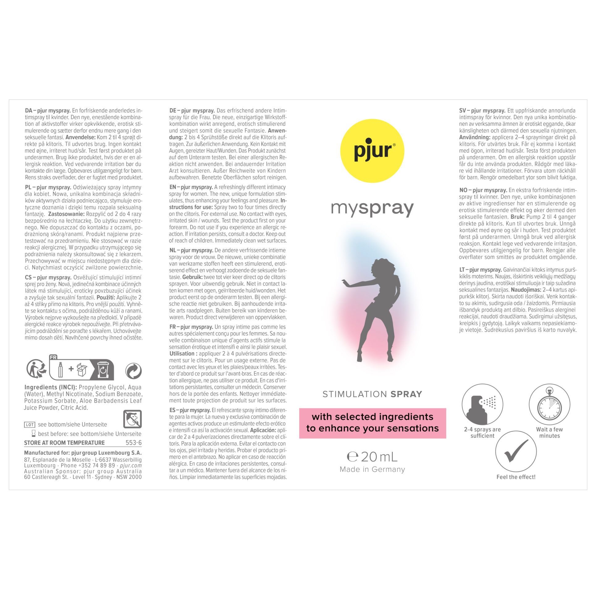 Achterkant van de pjur® myspray Stimulatiespray verpakking met productinformatie en symbolen.