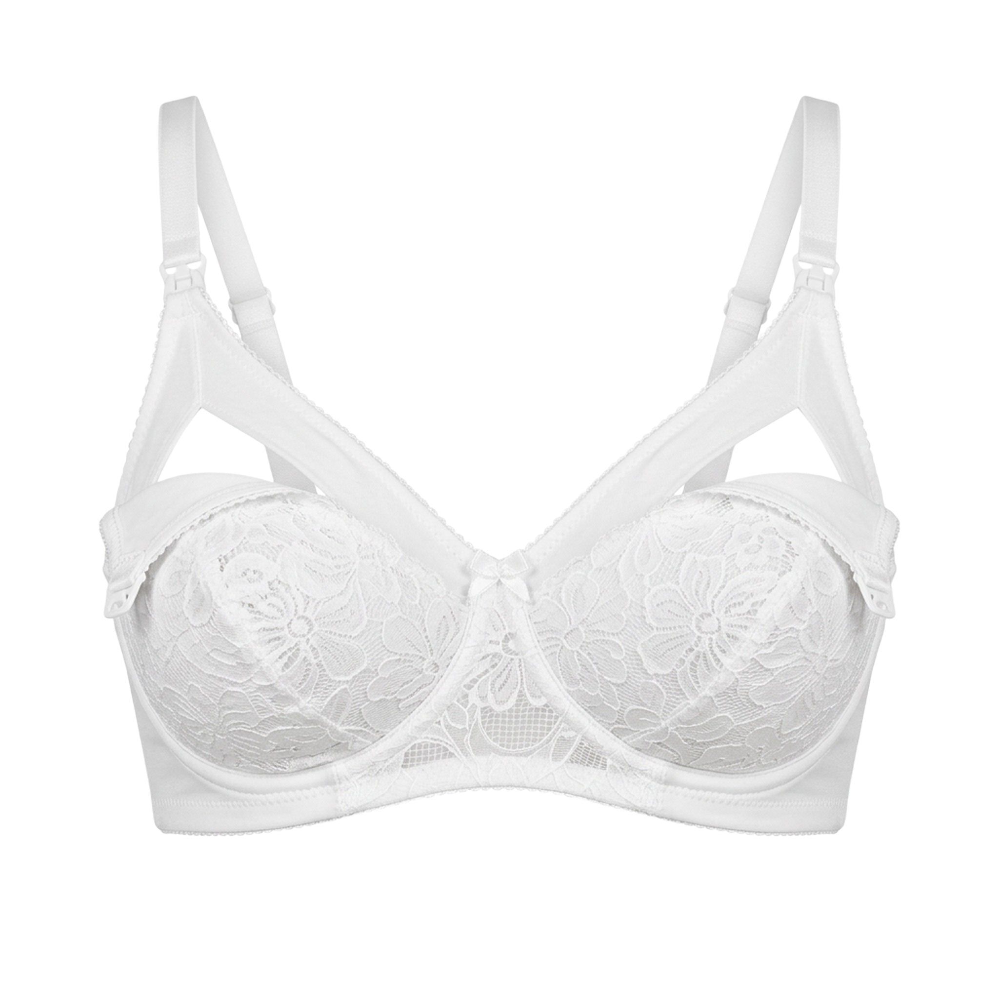 Soutien-gorge d'allaitement blanc avec dentelle. Bretelles réglables, bonnets à motifs floraux, nœud.