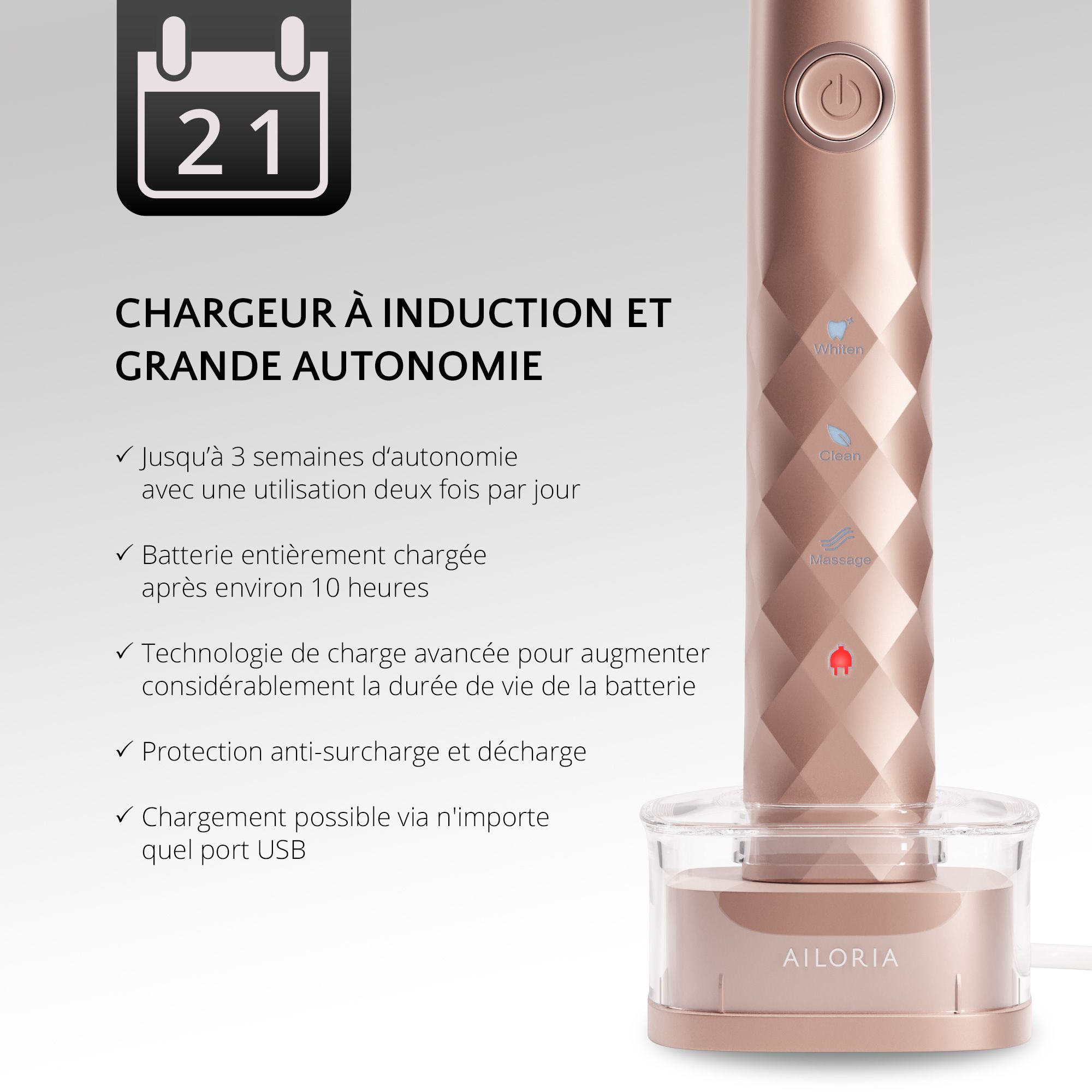 Brosse à dents sur station de charge. Charge inductive. Autonomie jusqu'à 3 semaines. Logo AILORIA.