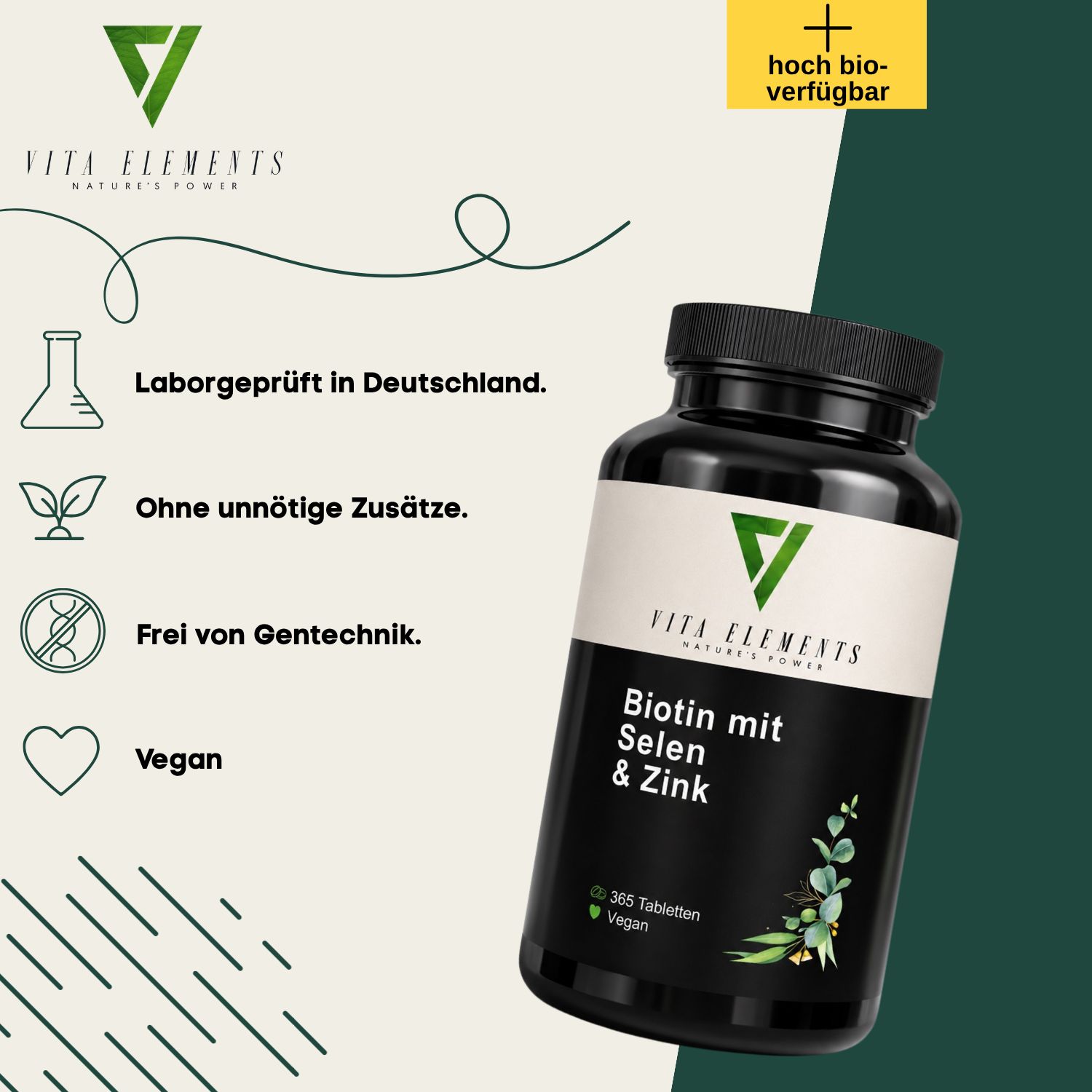 Flacon Vita Elements Biotine avec Sélénium et Zinc, testé en labo, vegan.