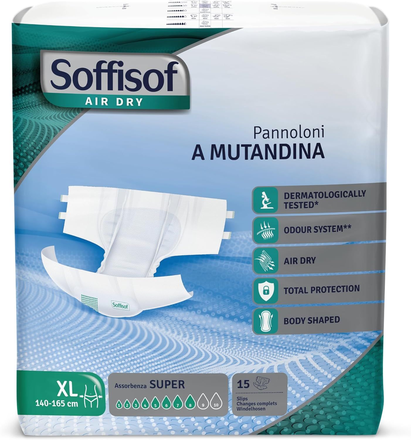 Verpakking van Soffisof Air Dry luiers voor volwassenen Super, XL, 15 stuks. Kenmerken: dermatologisch getest, geursysteem, Air Dry, totale bescherming, lichaamsvorm.