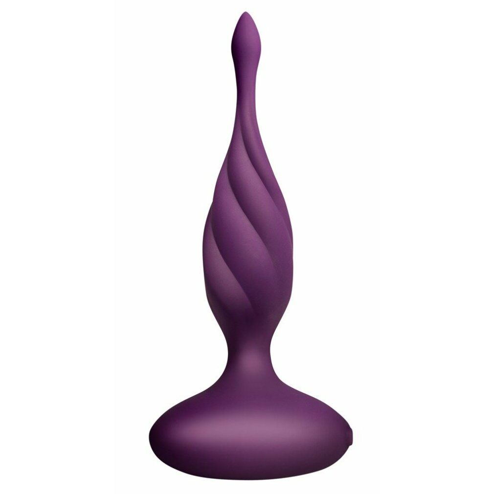 Stimulateur anal violet au design rainuré et base large, isolé sur fond blanc.