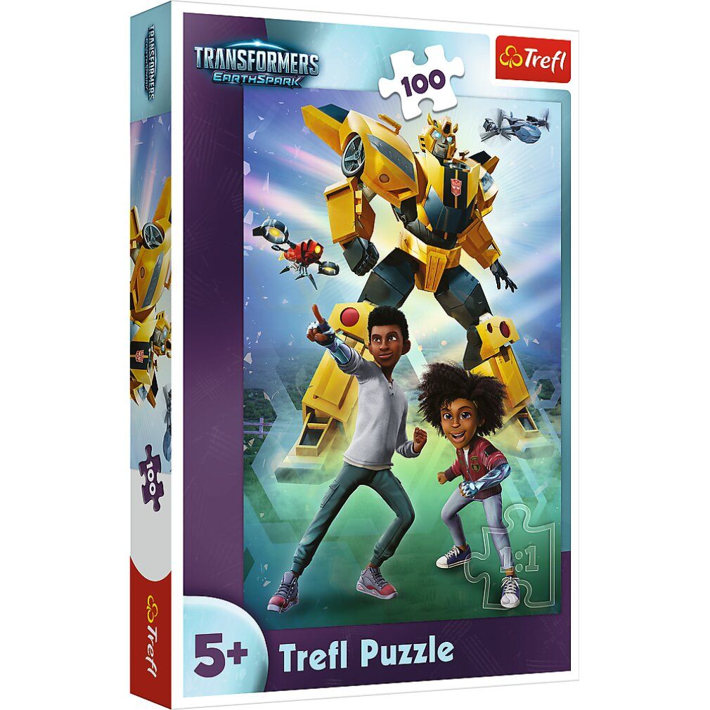 Puzzle Trefl, 100 pièces, motif Transformers. Emballage avec robot jaune, deux enfants et logo. Recommandé pour 5+.