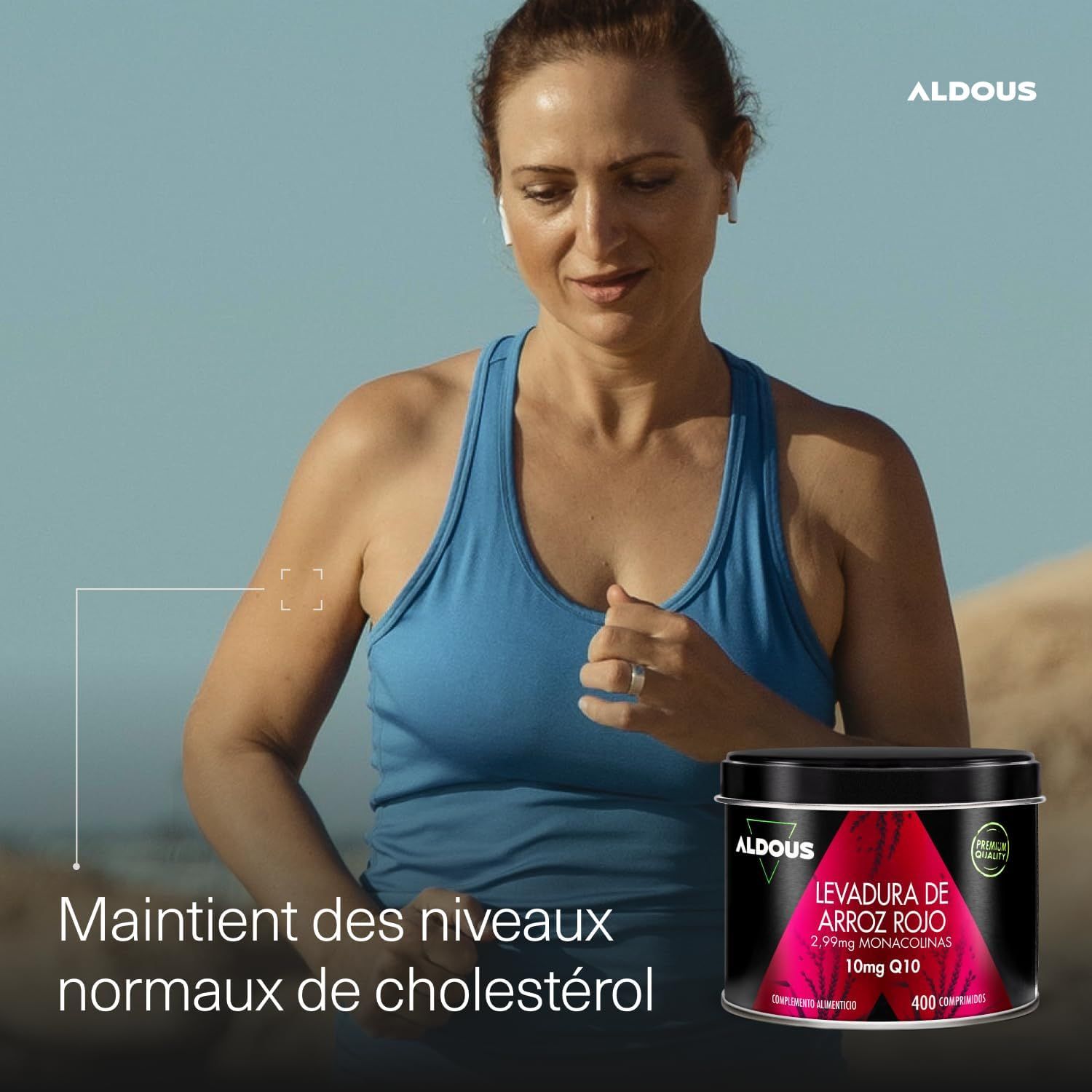 Boîte Aldous d'extrait de riz rouge, 2,99mg Monacoline, 10mg Q10, 400 comprimés.