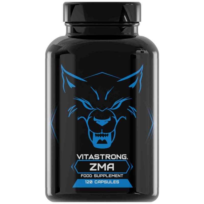 Flacon noir avec inscription bleue et logo loup. Contient 120 gélules. Nom du produit : ZMA.