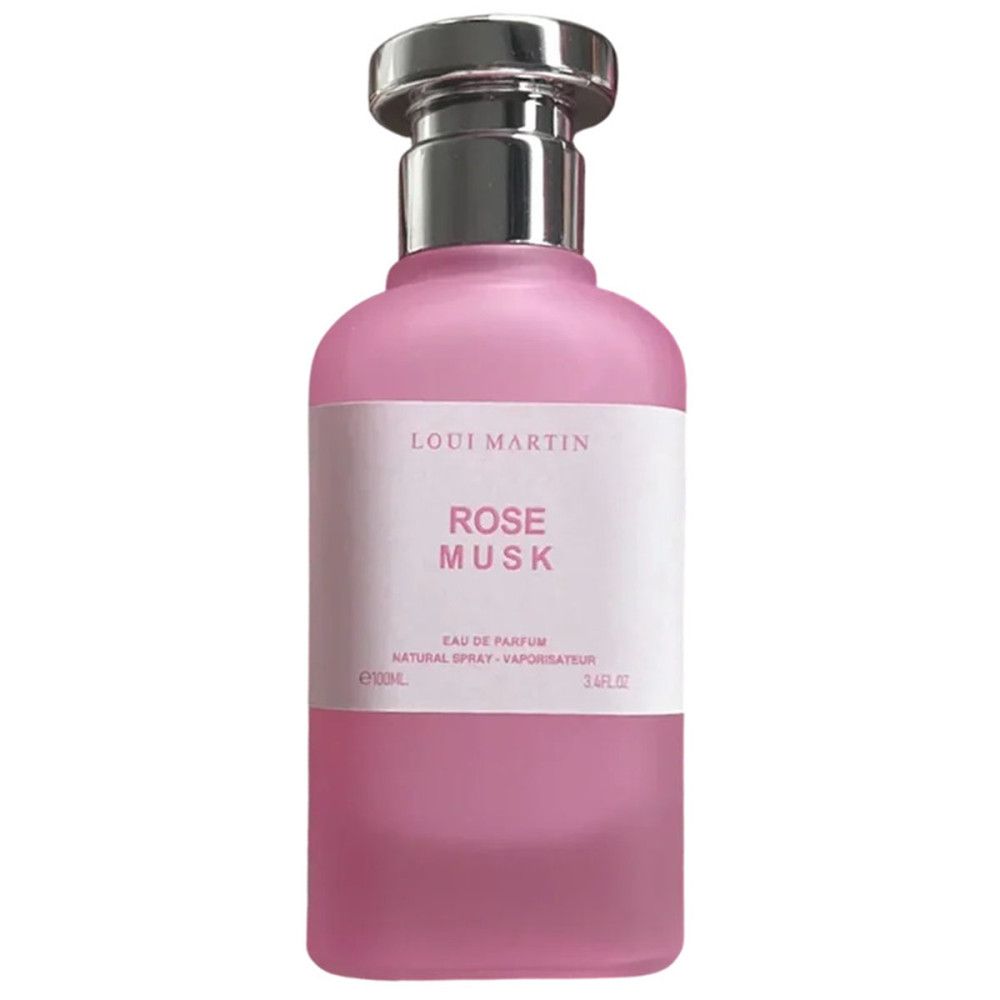 Flacon rose avec bouchon argenté. Étiquette "Rose Musk" et "Loui Martin".
