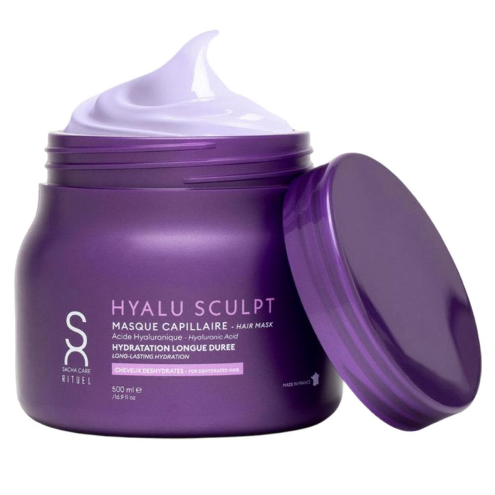 Pot violet ouvert de masque capillaire. Texte: Hyalu Sculpt, Masque Capillaire, 500 ml.