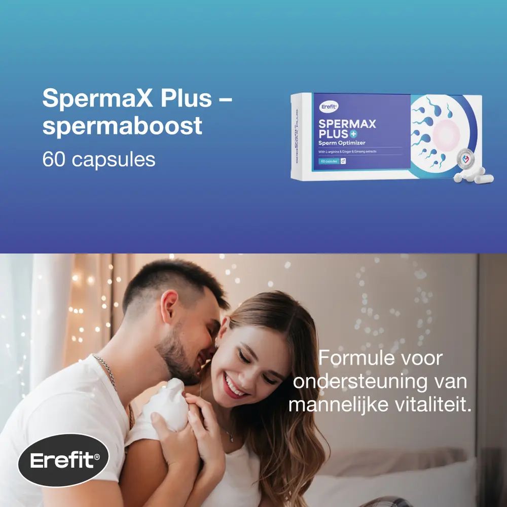 Erefit SpermaX Plus - spermaboost, 60 capsules. Koppel op achtergrond. Tekst: Formule voor mannelijke vitaliteit.