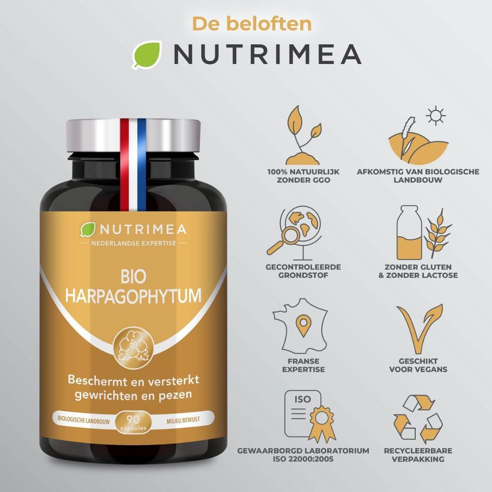 Fles met capsules. Tekst: "BIO HARPAGOPHYTUM", "Gewrichten en Pezen". Iconen: natuurlijk, vegan, glutenvrij, etc. ISO.