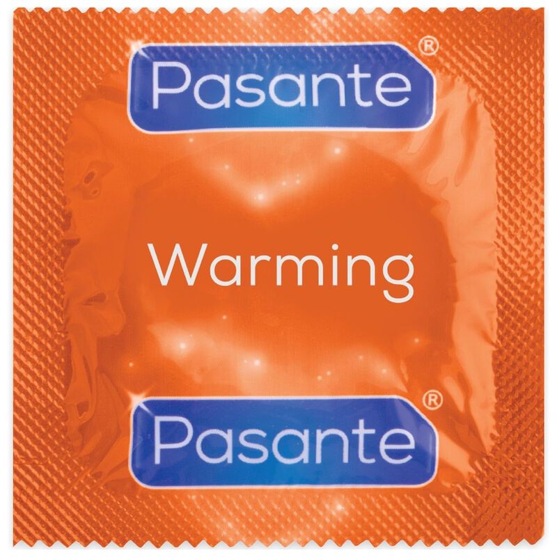 Emballage individuel de préservatif. Marque Pasante Warming. Emballage orange avec nom du produit.