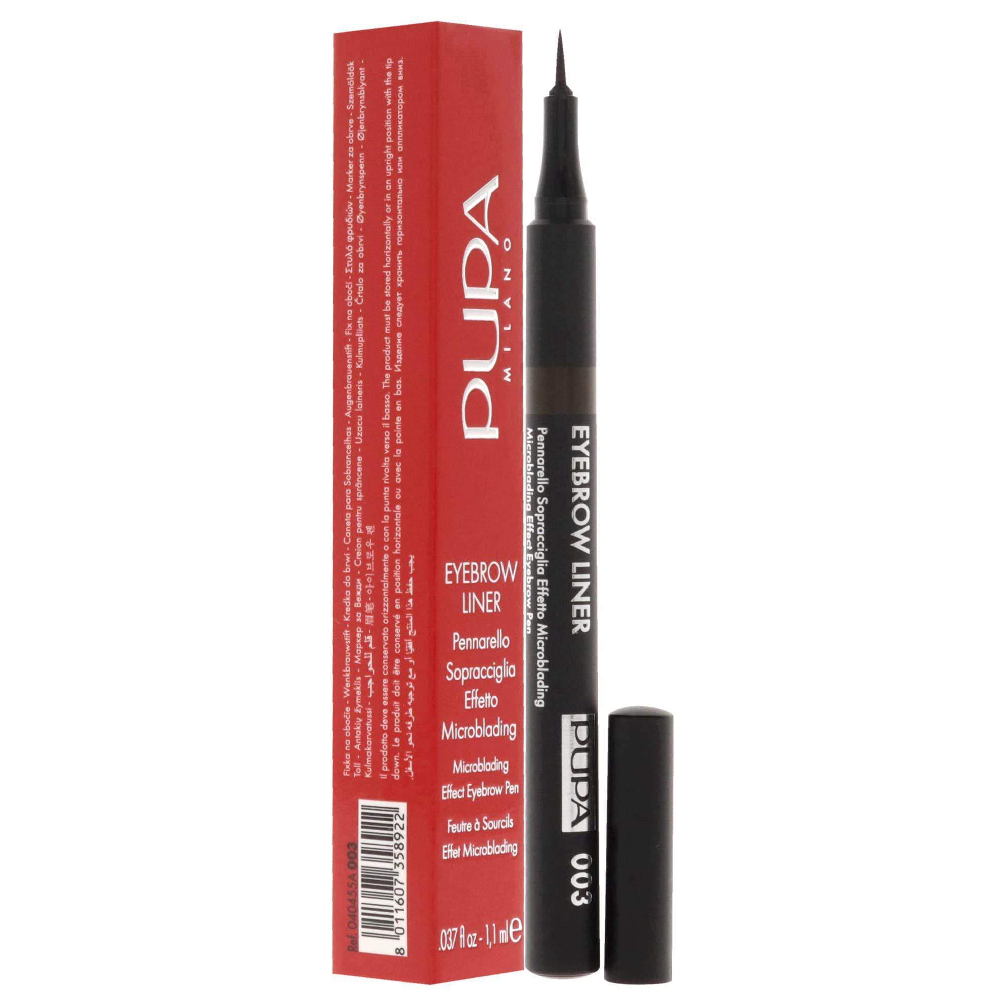 Feutre à sourcils brun avec pointe noire et emballage rouge. Inscription : Pupa Milano, Eyebrow Liner 03.