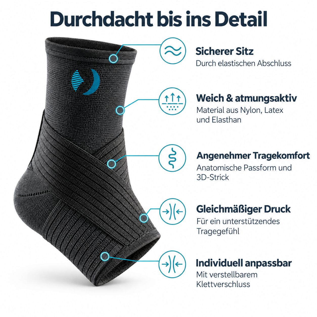 Orthèse de cheville noire avec fermeture élastique, tricot 3D et fermeture velcro réglable.
