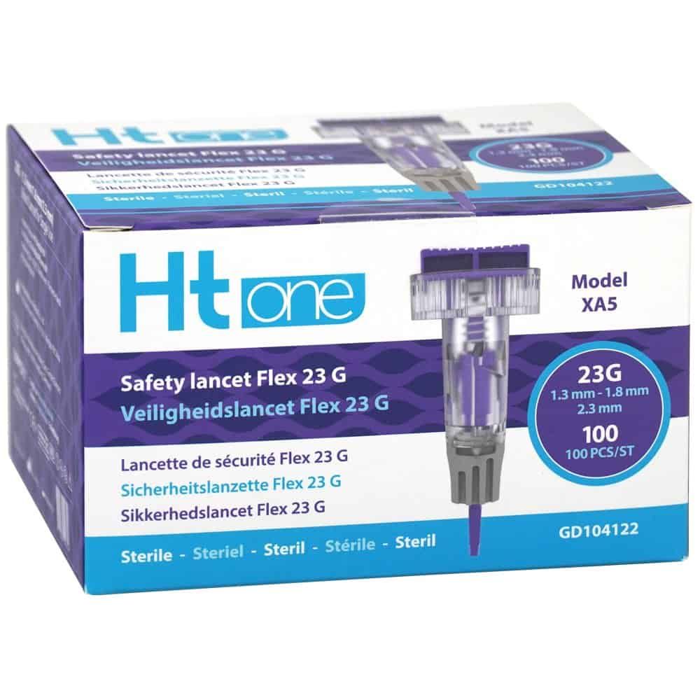 Ht one Safety Lancet Flex 23 G: Close-up van een steriele lancet in paarse en grijze verpakking.