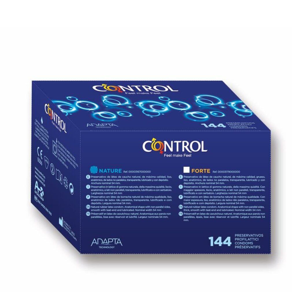 Préservatifs Control Nature, boîte de 144. Emballage bleu avec logo et informations produit.