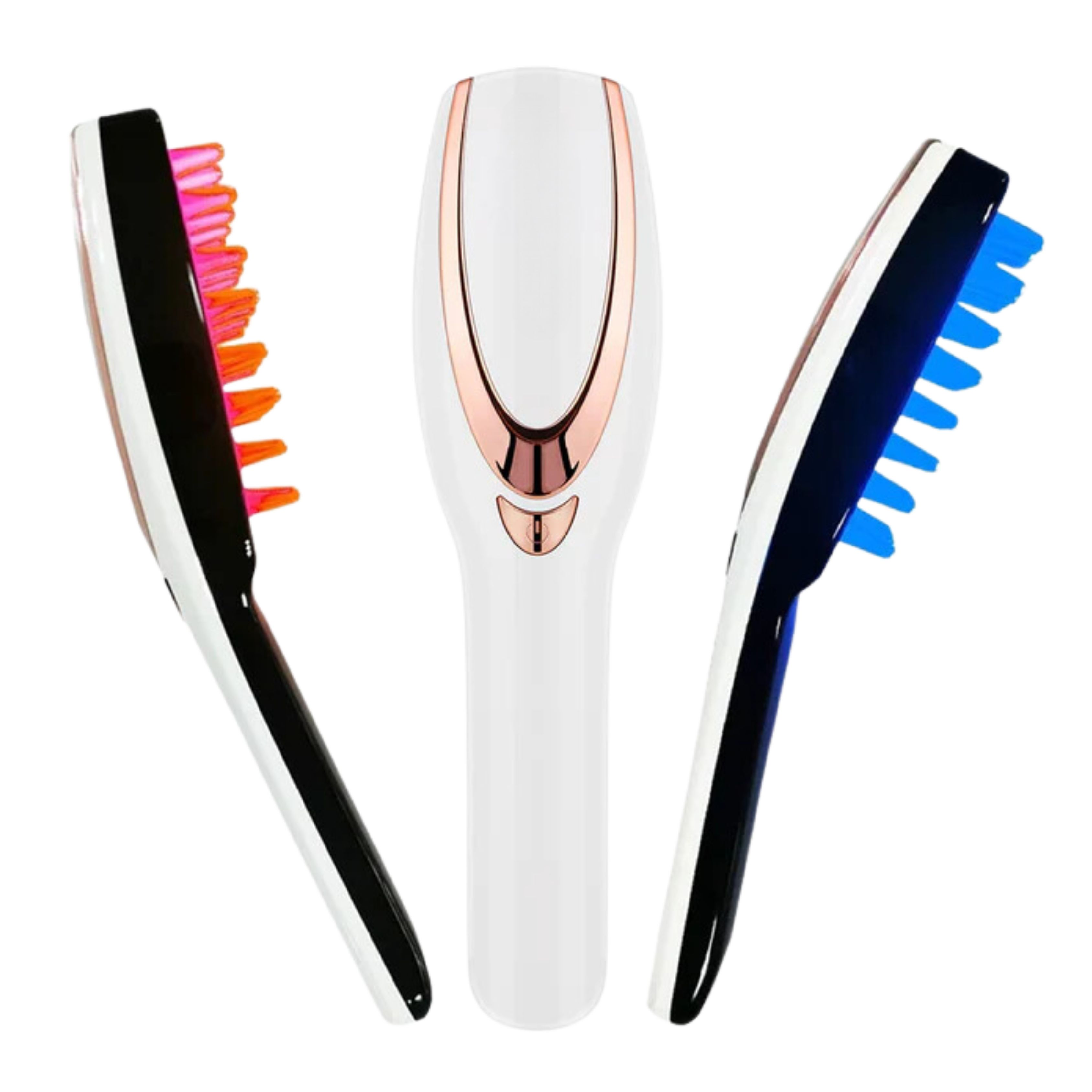 Een witte haardroger met koperkleurige accenten, zij- en vooraanzichten.