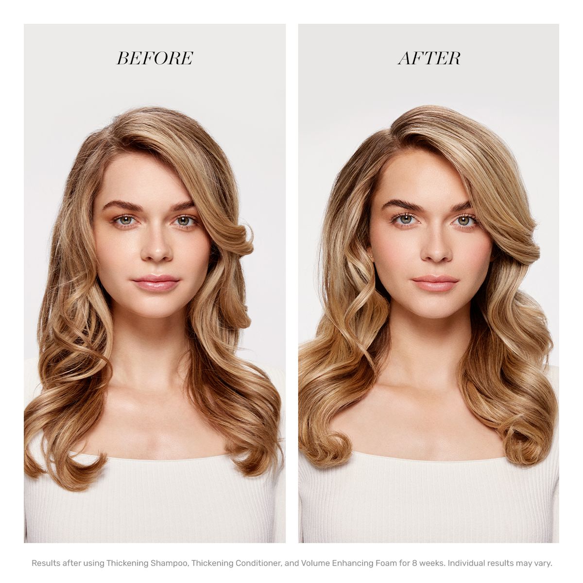 Voor/na-vergelijking. Vrouw met blond haar. Teksten: « BEFORE » en « AFTER ». Resultaten na 8 weken met shampoo, conditioner en schuim.