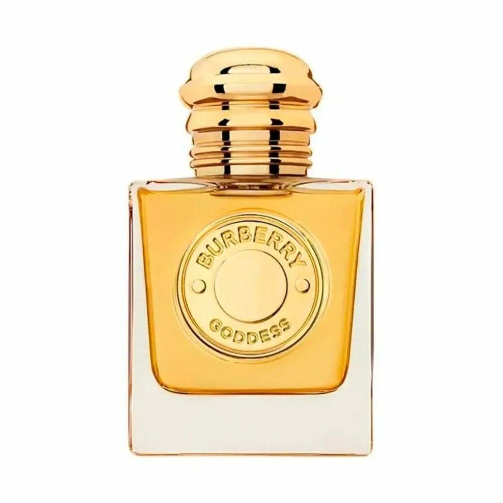 Burberry Goddess Intense Eau de Parfum. Flacon doré avec bouchon doré. Emblème logo sur le devant.