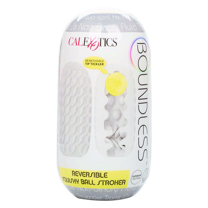 Emballage du masturbateur "BOUNDLESS" indiquant "REMOVABLE TIP TICKLER" et "REVERSIBLE SQUISHY BALL STROKER".