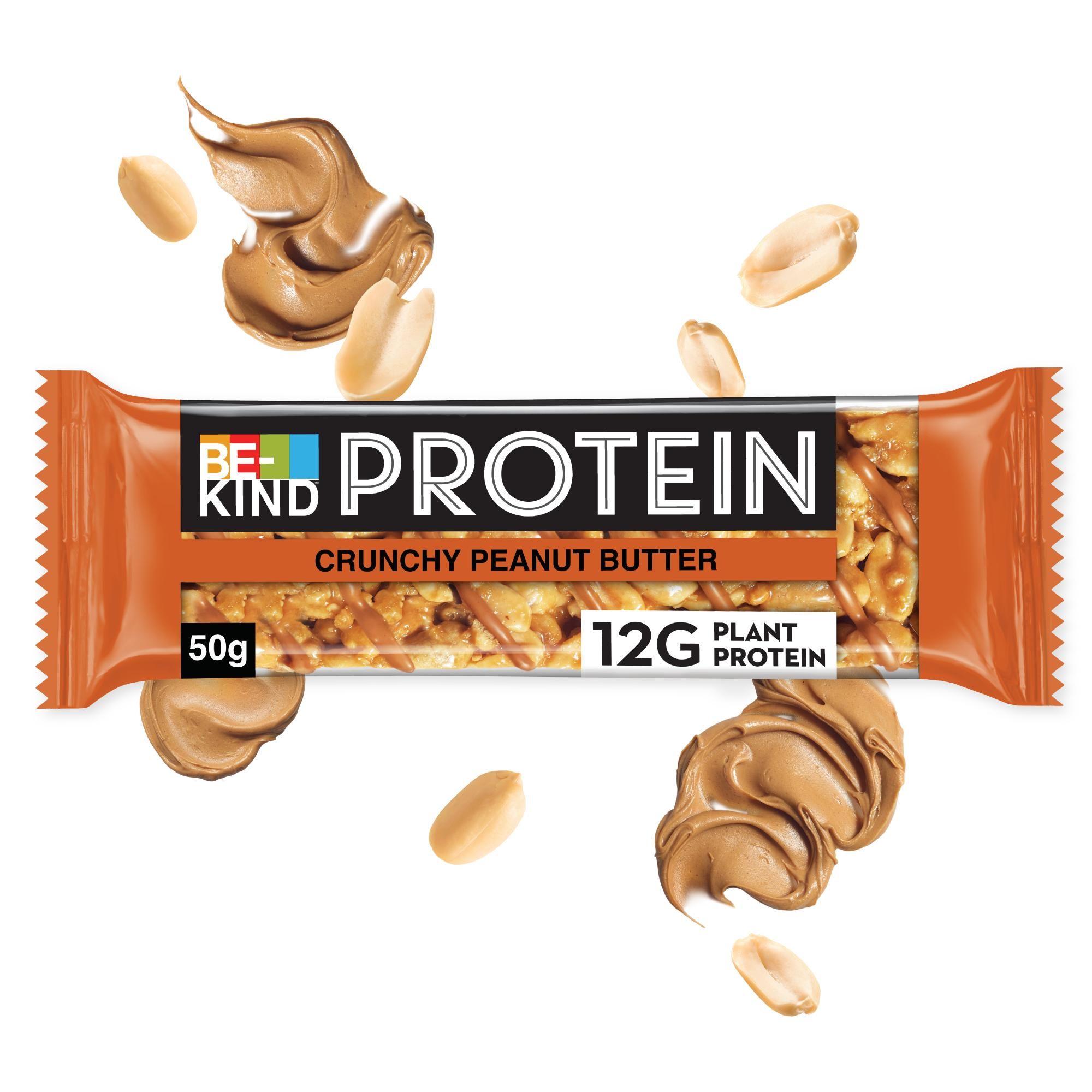 Verpakte reep met pinda's en pindakaas. Opschrift: Protein, 12G Plant Protein, 50g.