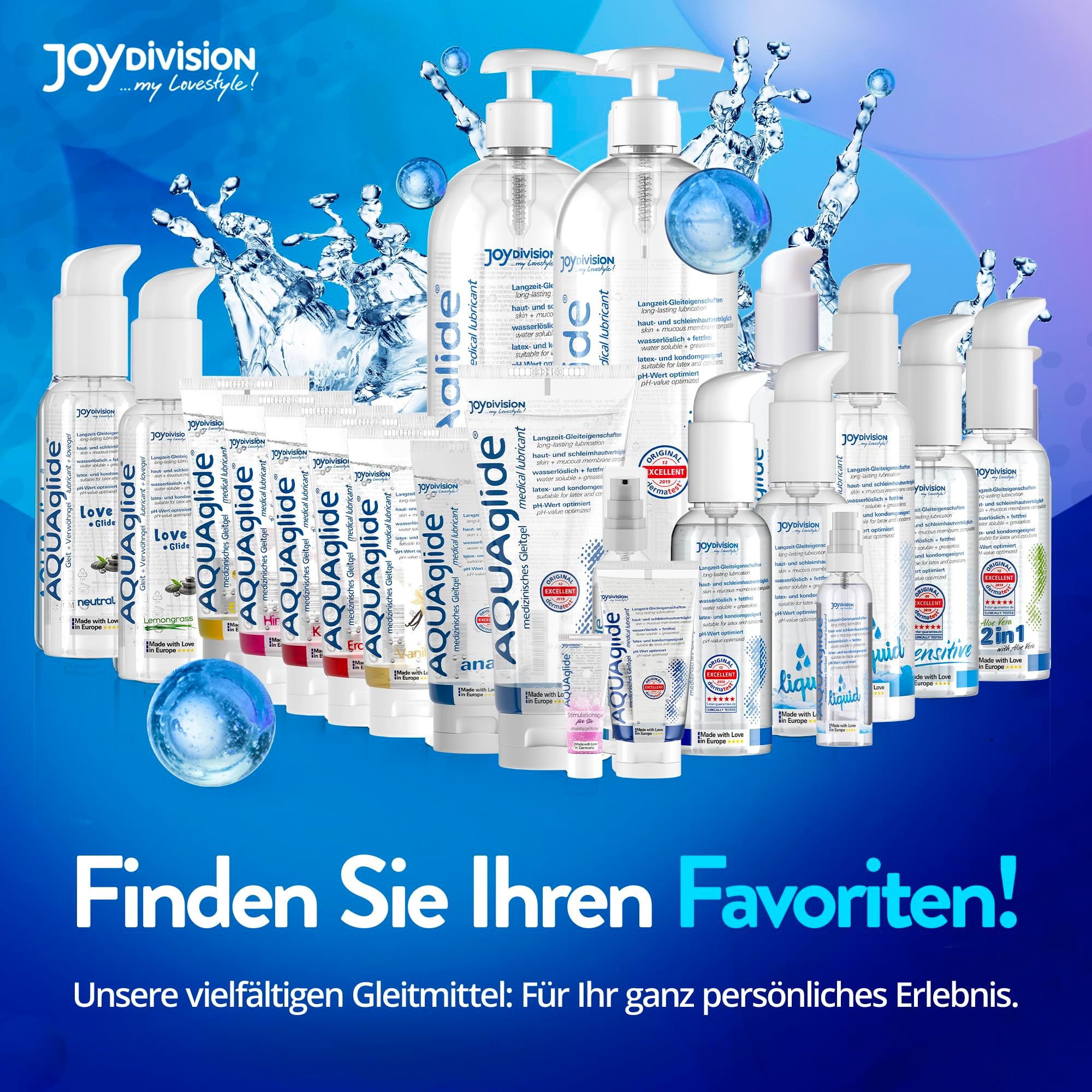 Variété de lubrifiants AquaGlige dans différents flacons et versions.