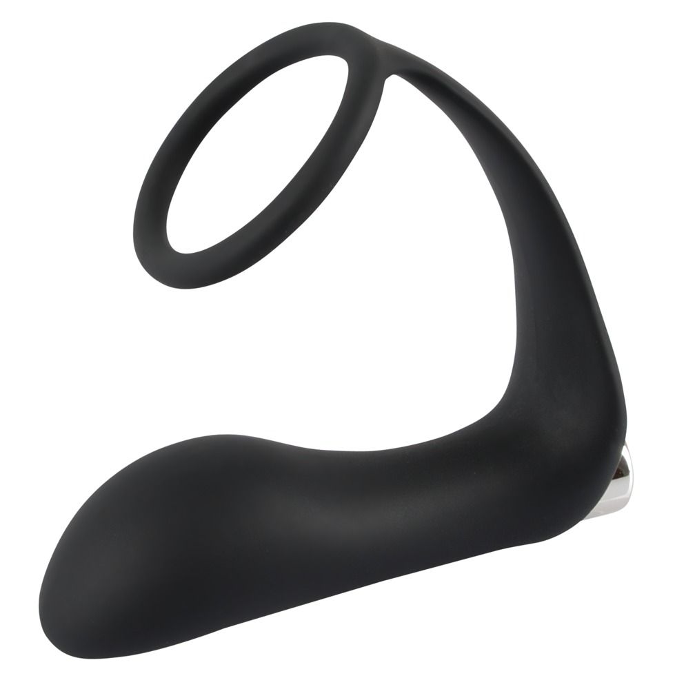 Anneau pénien noir avec plug anal. Partie en forme d'anneau et tige incurvée. Bouton argenté à l'extrémité.