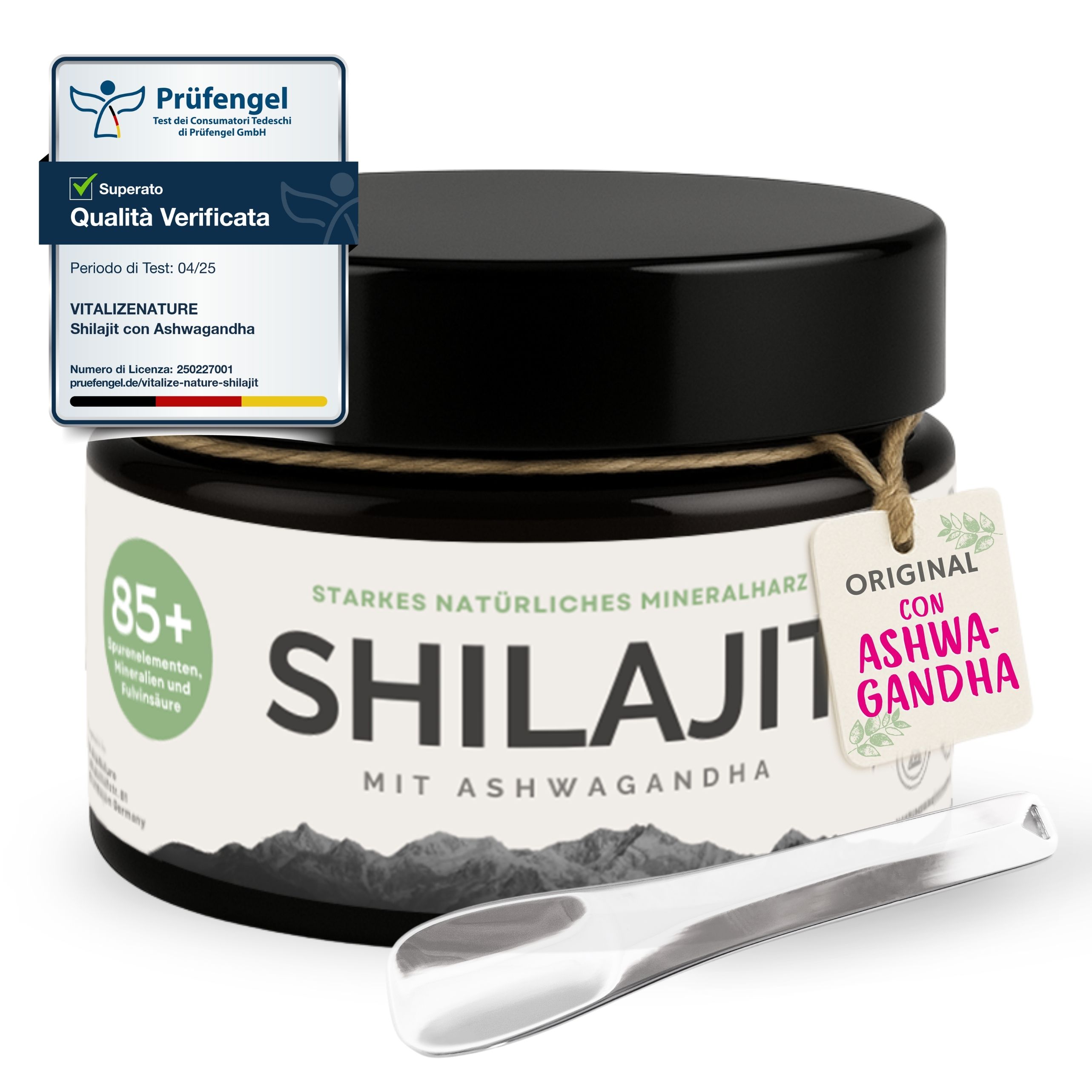 Pot de Shilajit avec Ashwagandha, cuillère, certification Prüfiegel.