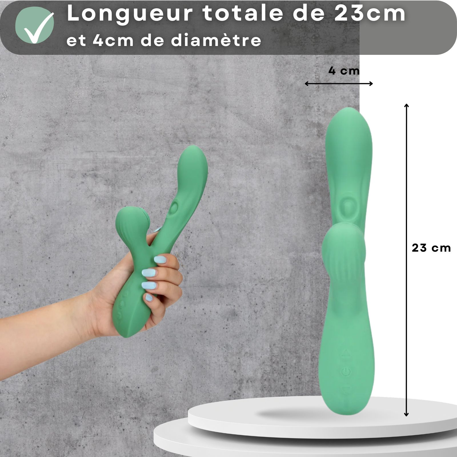 Vibrateur vert. Dimensions: 23cm long, 4cm de diamètre.