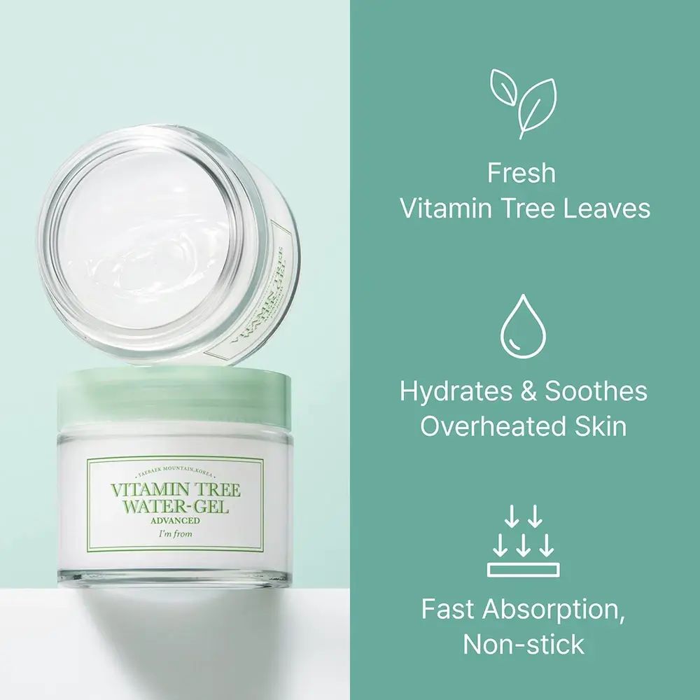 Deux pots en verre. Inscription : Vitamin Tree Water-Gel Advanced. Texte : Fresh Vitamin Tree Leaves, Hydrates & Soothes, Fast Absorption.