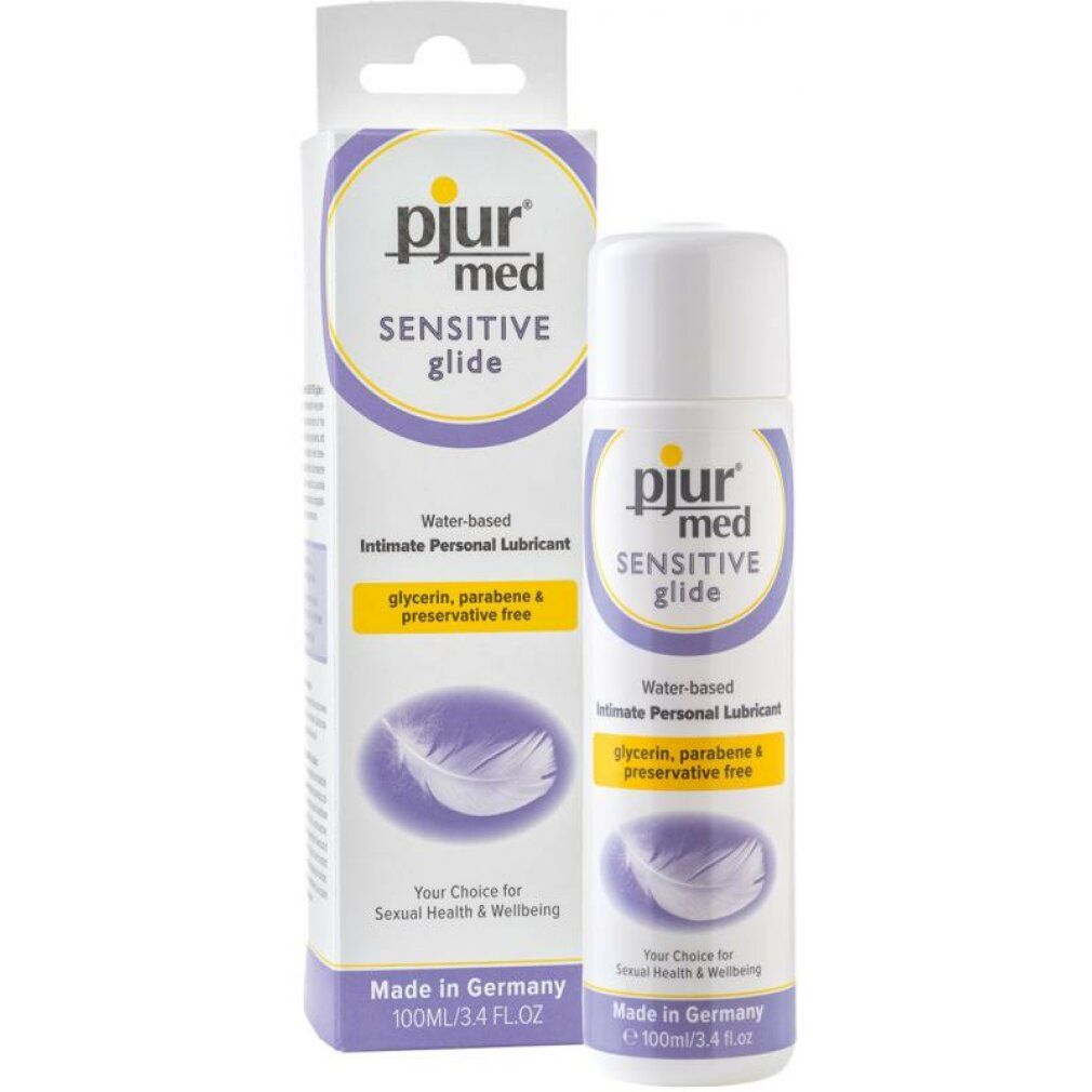 Verpakking en fles. Opschrift: pjur med Sensitive Glide. Intieme glijmiddel op waterbasis. Zonder glycerine, parabenen en conserveringsmiddelen.