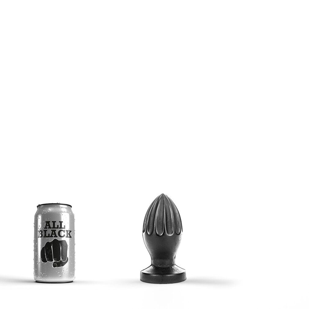 Buttplug noir côtelé à côté d'une canette "All Black".