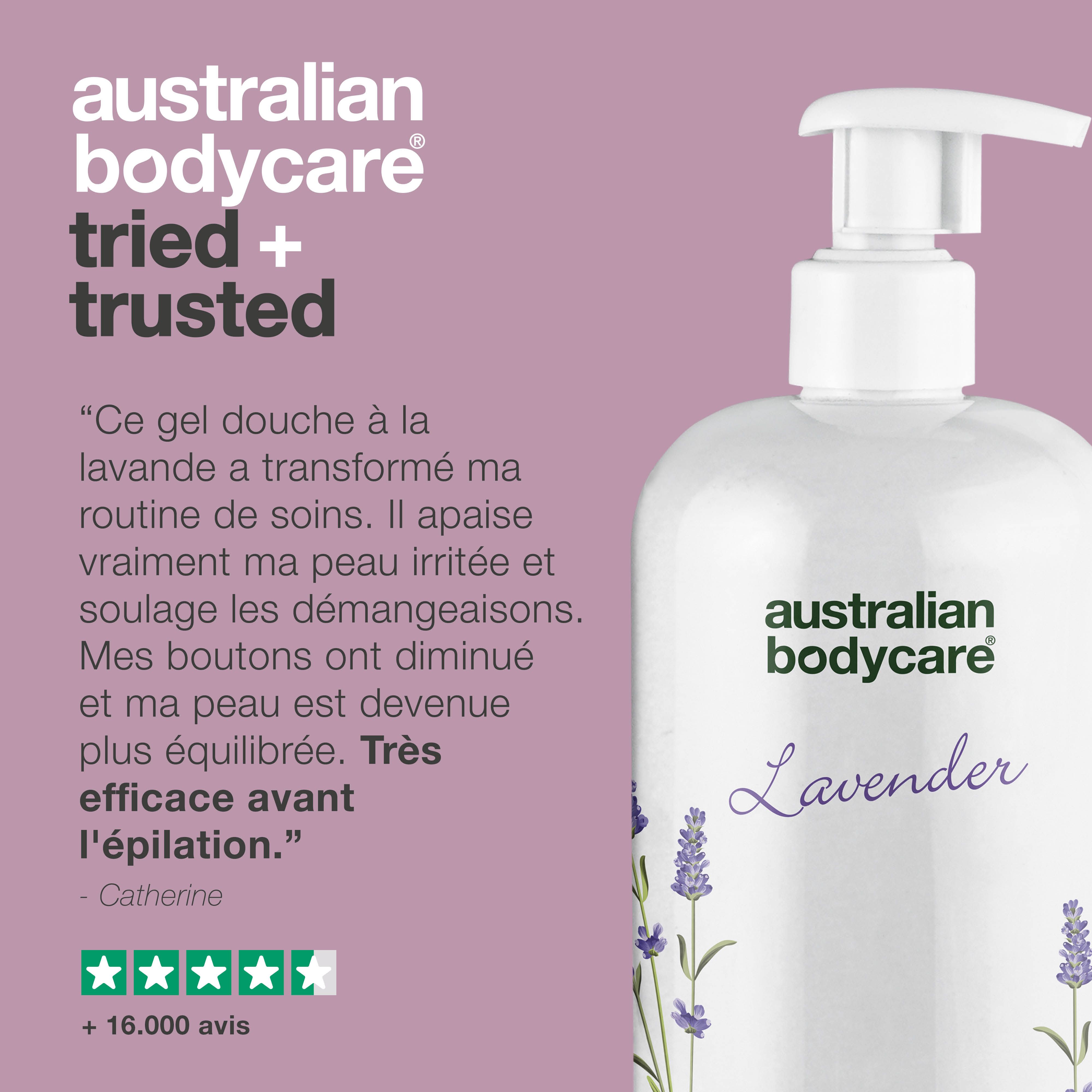 Image du produit: flacon avec pompe. Texte: Australian Bodycare, Lavender, Tea Tree Oil Skin Wash.