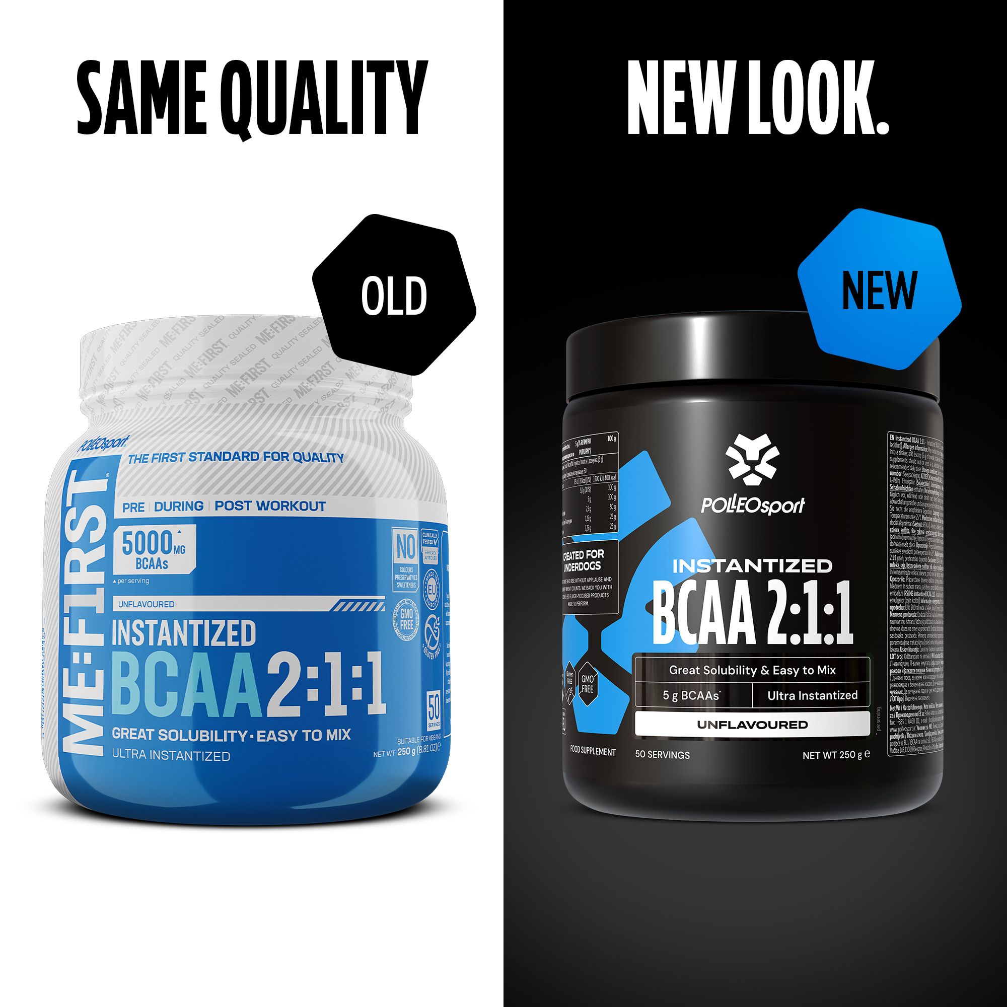 Vergelijking oude en nieuwe pot. Links: blauwe pot met witte deksel. Rechts: zwarte pot. Opschrift: Instantized BCAA 2:1:1.