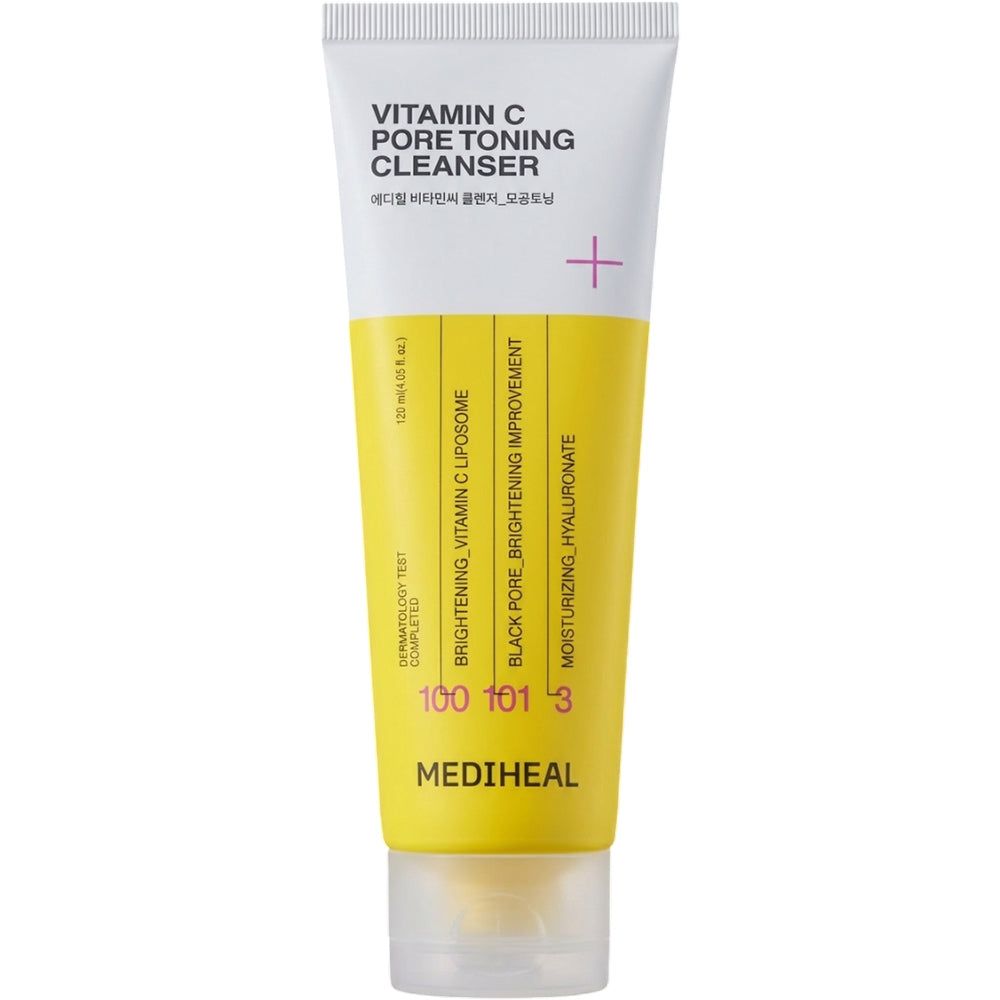 Gele tube met tekst. Opschrift: Vitamin C Pore Toning Cleanser. Gele strook met tekst. Roze plus-teken. 125 ml.
