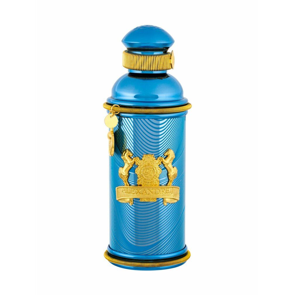 Flacon turquoise avec ornements dorés. Pendentif doré. Motif ondulé. Logo Alexandre.J.