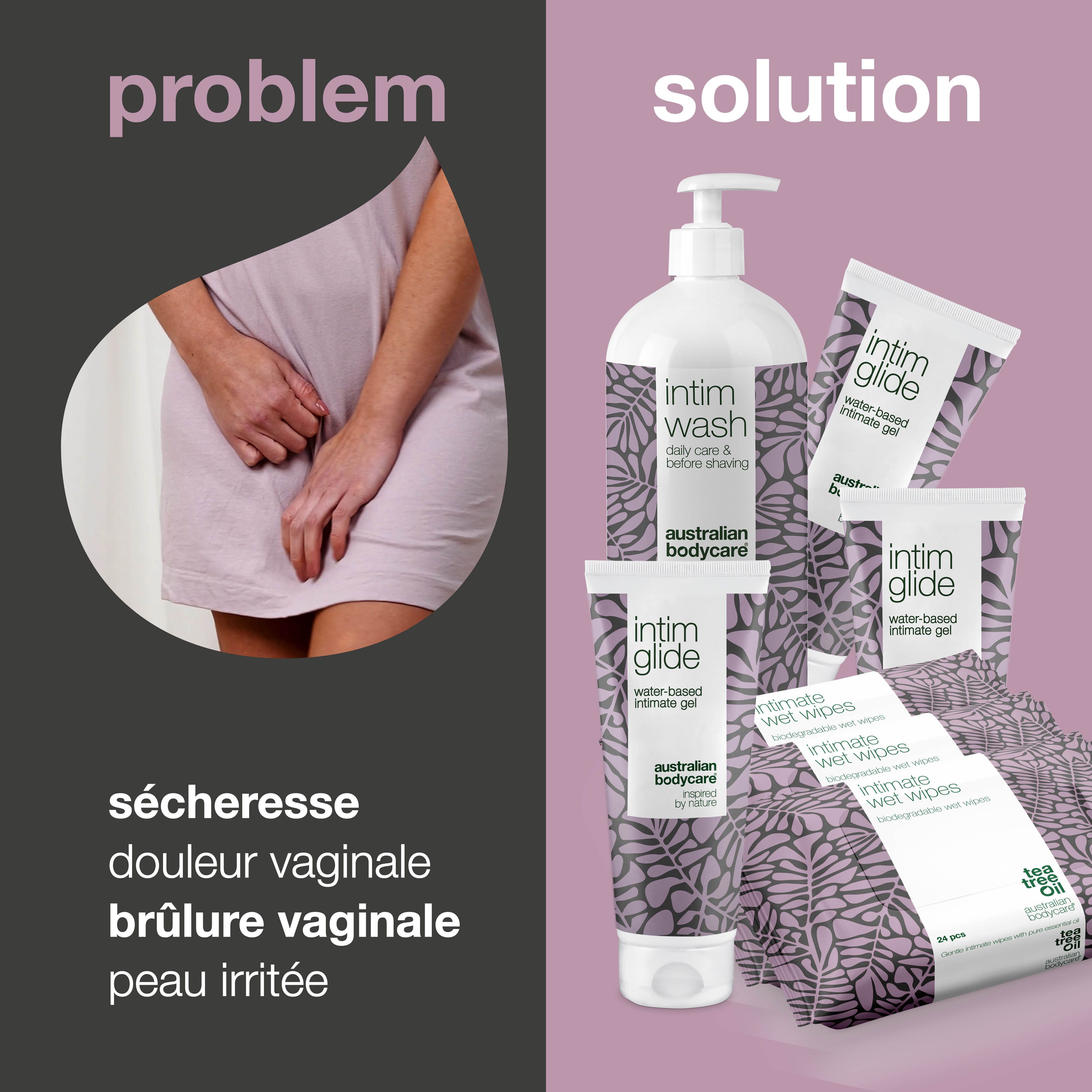 Présentation problème-solution. Produits : Intim Wash, Intim Glide, Intimate Wet Wipes. Marque : Australian Bodycare.
