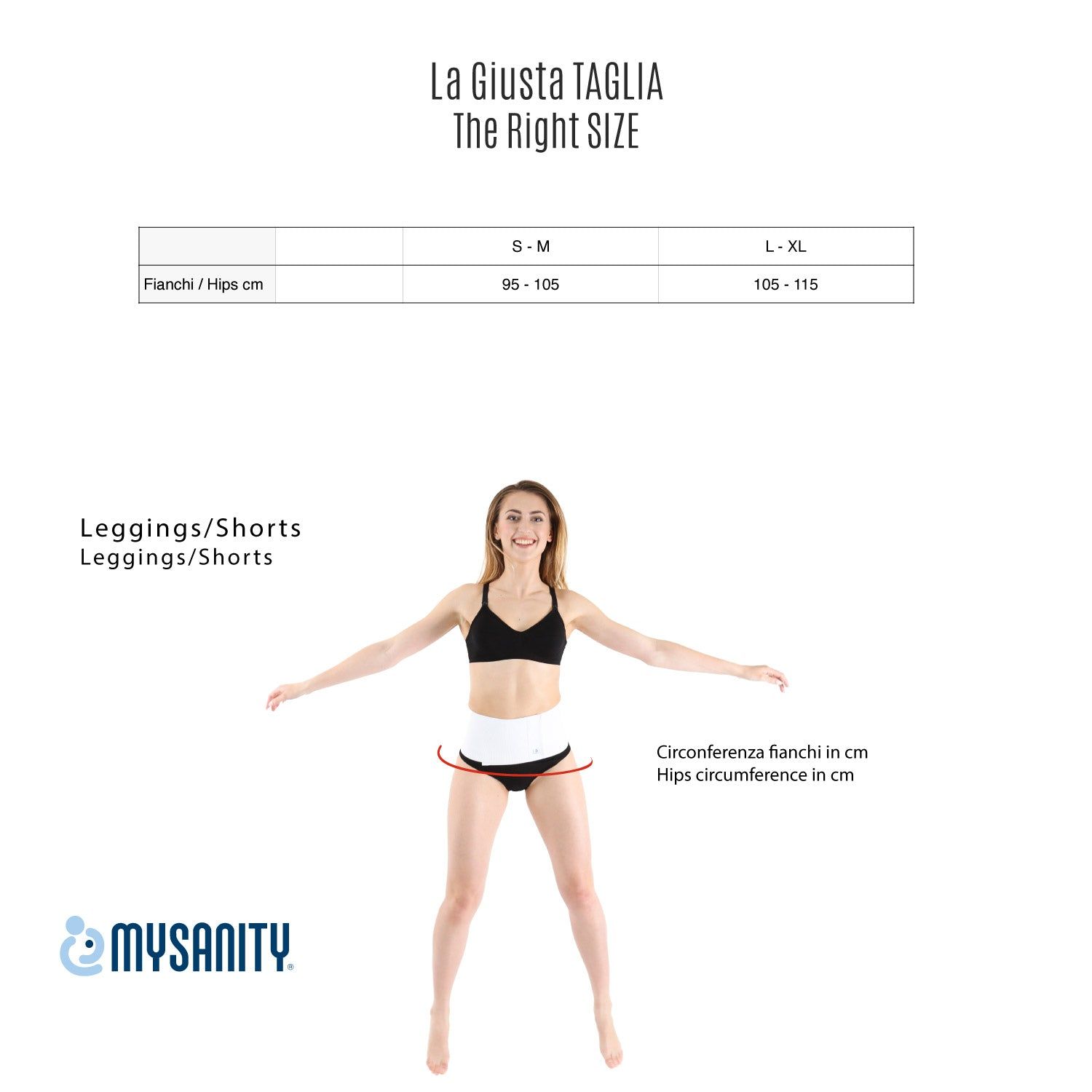 Vrouw in zwarte bh en slip, met witte buikband. Maattabel met heupomtrek in cm.