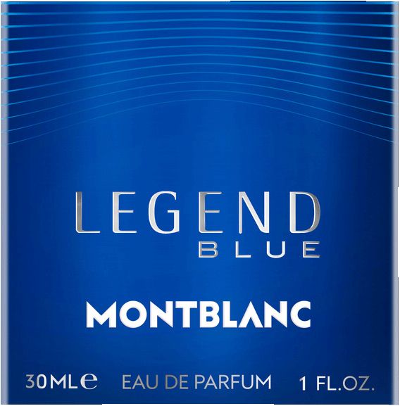 Blauwe doos. Opschrift: LEGEND BLUE, MONTBLANC, 30ml Eau de Parfum, 1 Fl.oz.