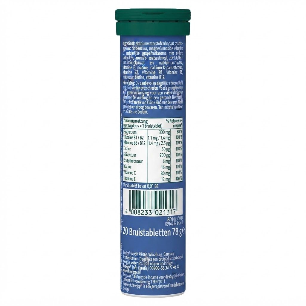 Achterkant van de buis met voedingswaarden en ingrediënten voor Kneipp Magnesium B+C+E.