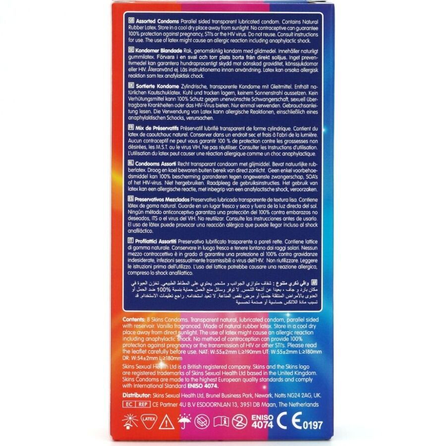 Dos d'un emballage de préservatifs. Textes multilingues. Contient des informations sur les ingrédients et le fabricant.